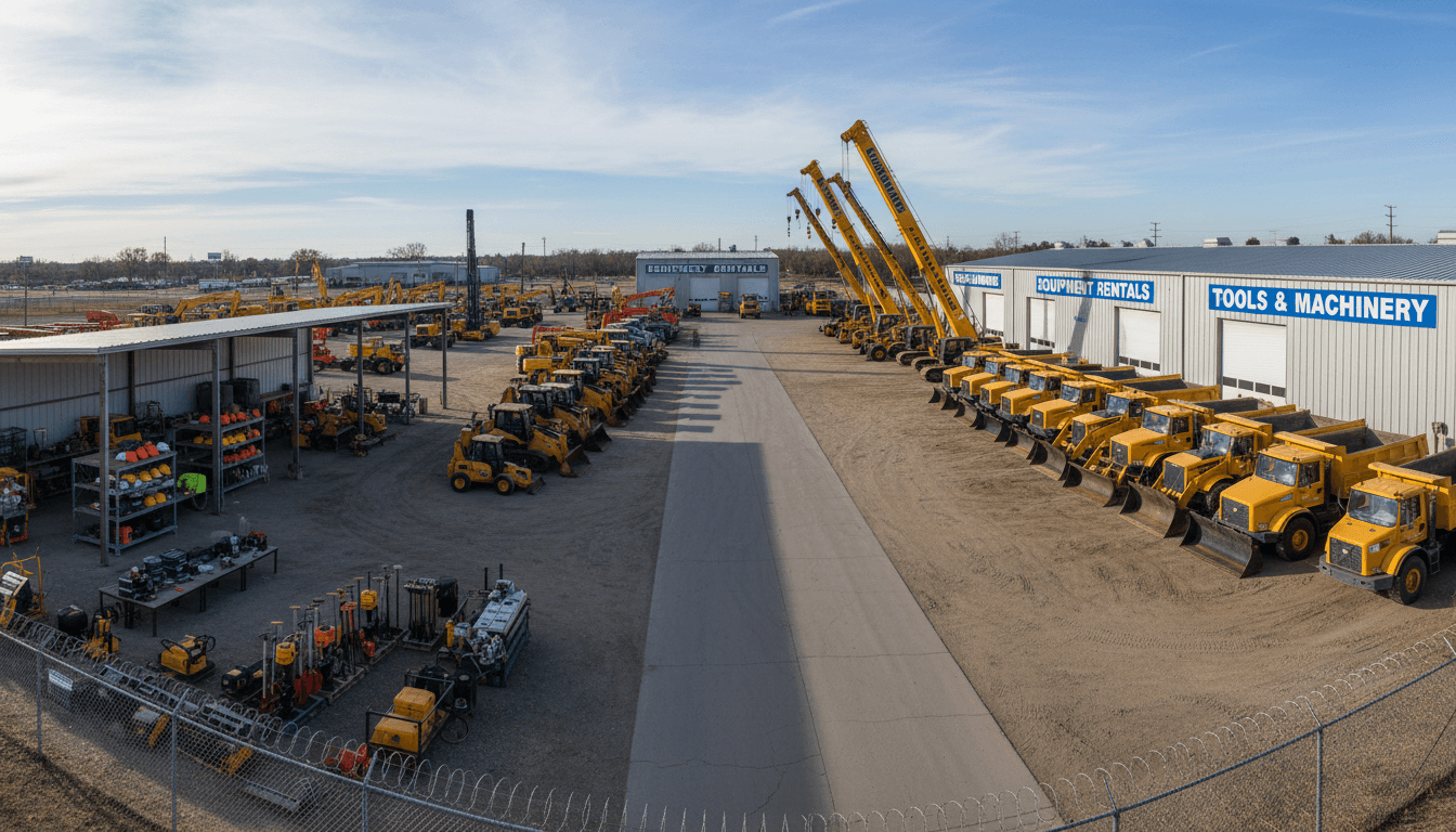 Well-organized equipment rental yard with construction tools, machinery, and vehicles ready for rental